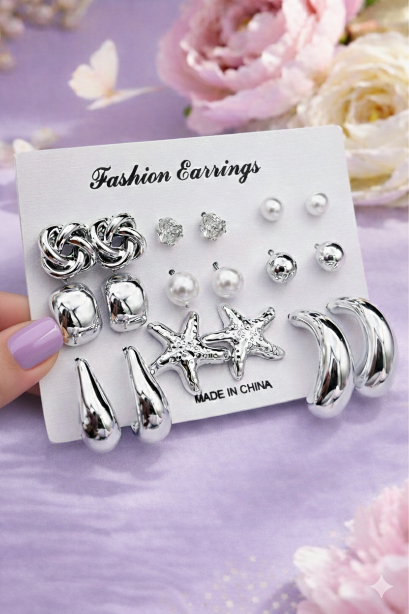 پک گوشواره نقره‌ای - ۹ عددی